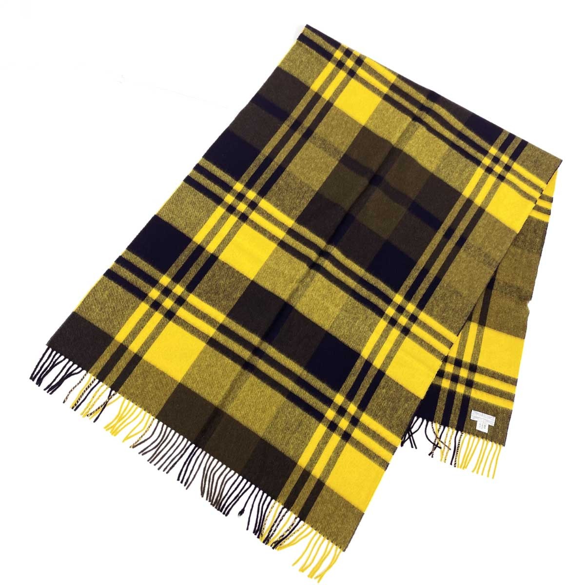Joshua Ellis Stole Good Condition Yellow x Navy 100% Cashmere Large Fringe