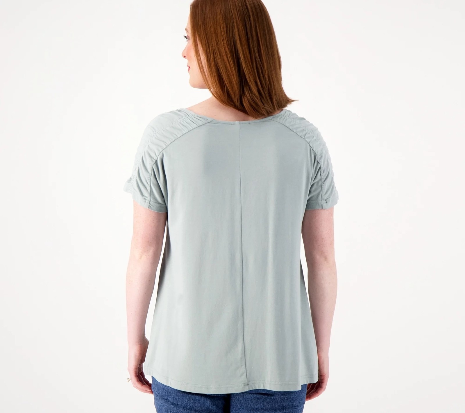 Laurie Felt Cotton Rayon Made From Bamboo Smocked Shoulder Tee Shirt Sage XXS Ne