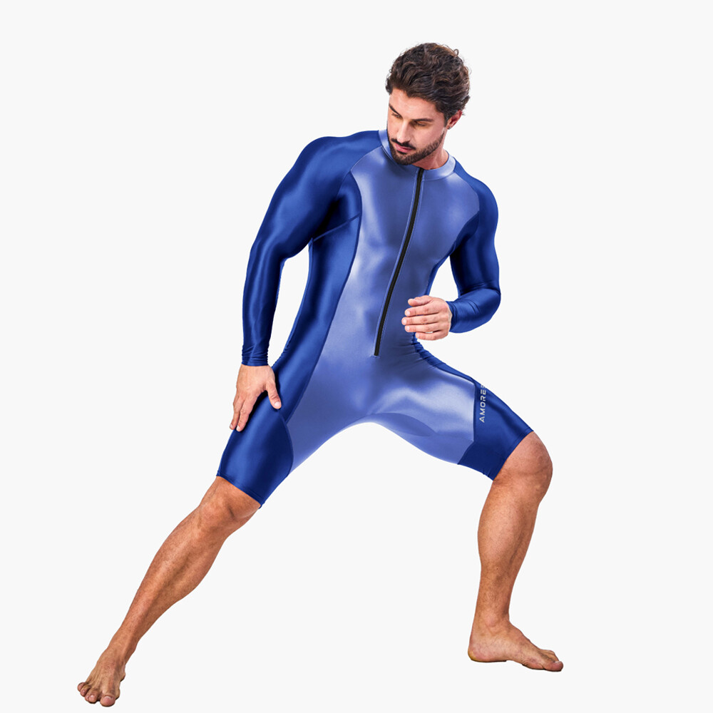 AMORESY Men Glitter Tracksuits Long Sleeve Fitness Overalls Gymnastics Leotards