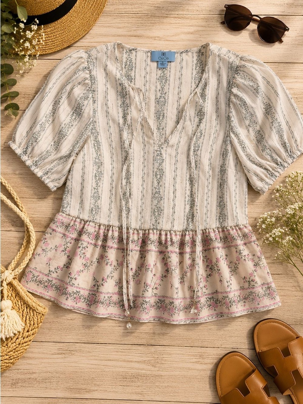 CeCe Cream Floral Tunic Puff Sleeve Tie Front Cottagecore | Size Small