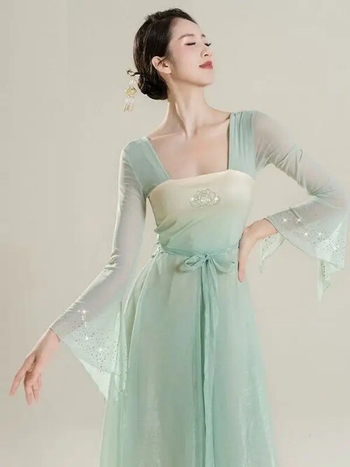 Classical Dance Costume for Women Han Tang Dynasty Showcasing Elegant Mesh Dress