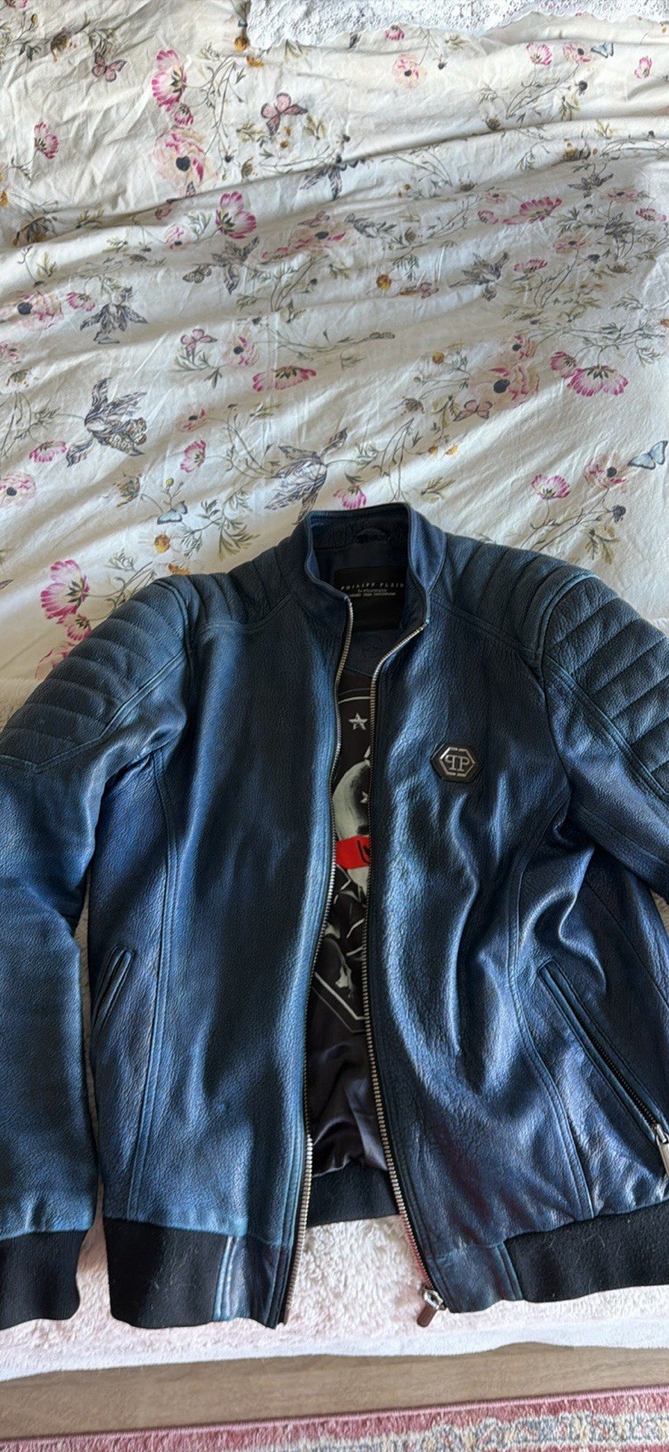 Philipp Plein Blue Leather Bomber Jacket – Limited Edition (reptilian texture)