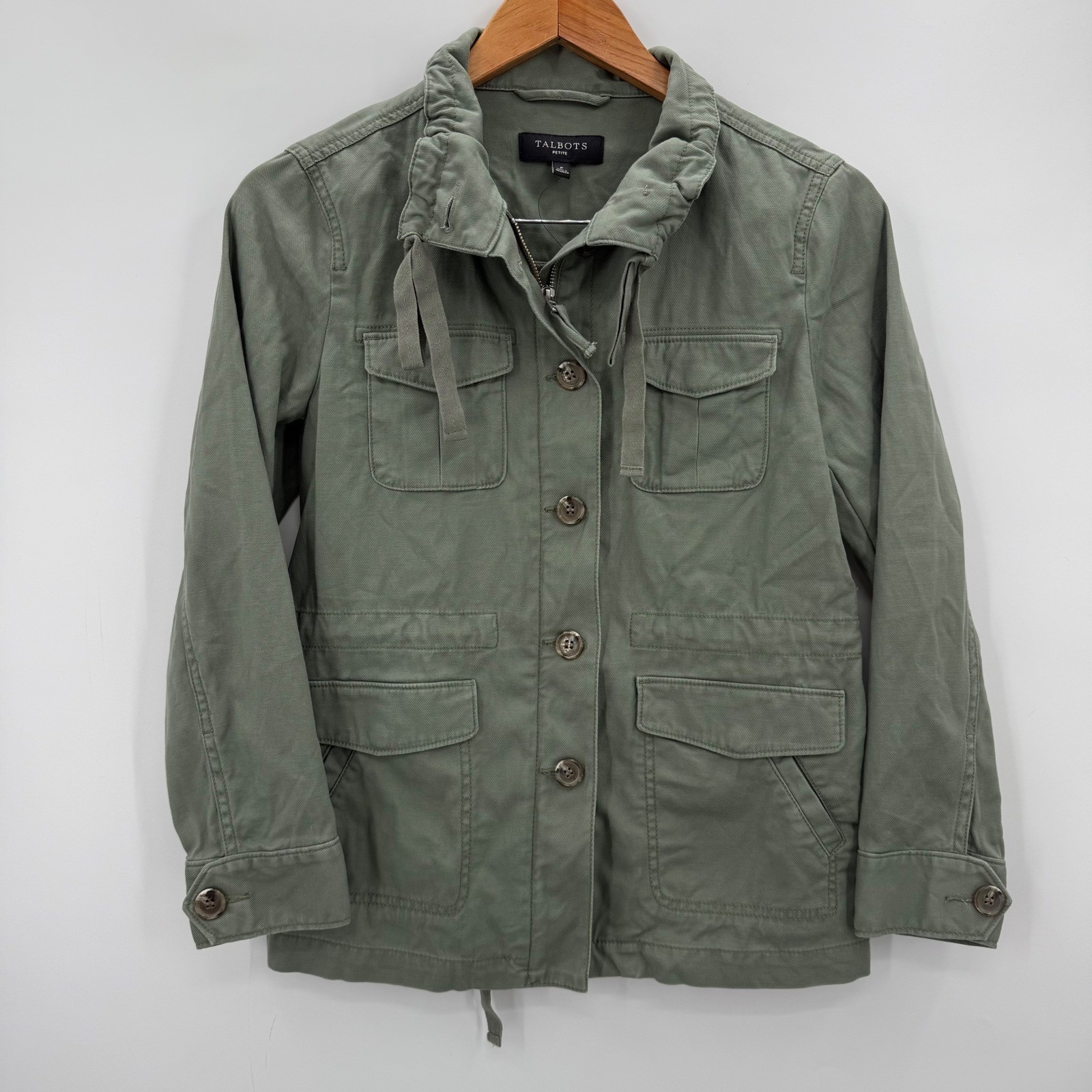 Talbots Petite Twill Field Jacket Olive Green Utility Safari Button Zip NEW