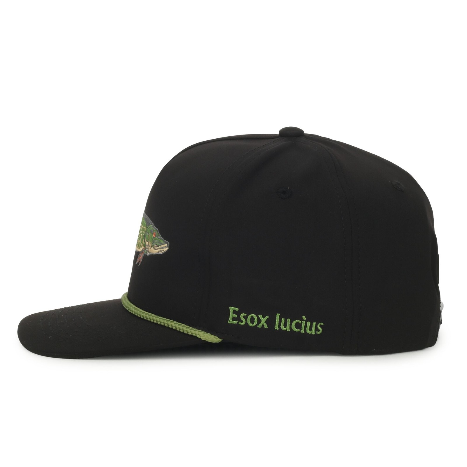 Outdoor Cap Northern Pike Fishing Cap Black 5-Panel Hat, Green Rope Detail