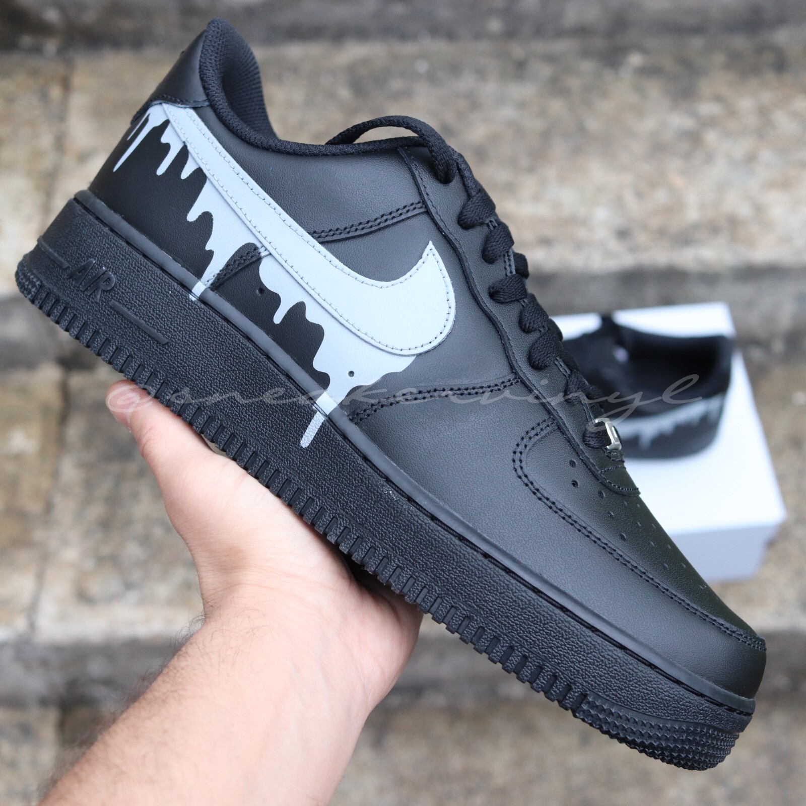 Custom Nike Air Force 1 Black & Grey Concrete Paint Drip Customized Sneakers