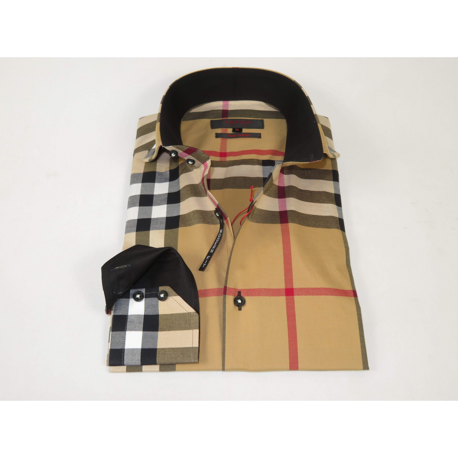 Men’s AXXESS Turkey English Plaid Shirt 100% Soft Cotton High Collar 120-09 Tan