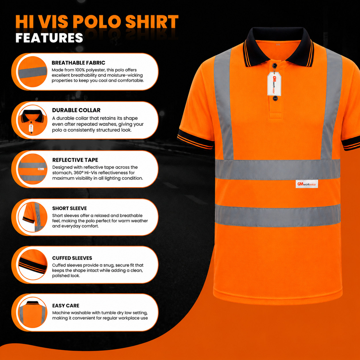 Safety Polo Shirt High Visibility Reflective Work Shirt Orange Yellow Black