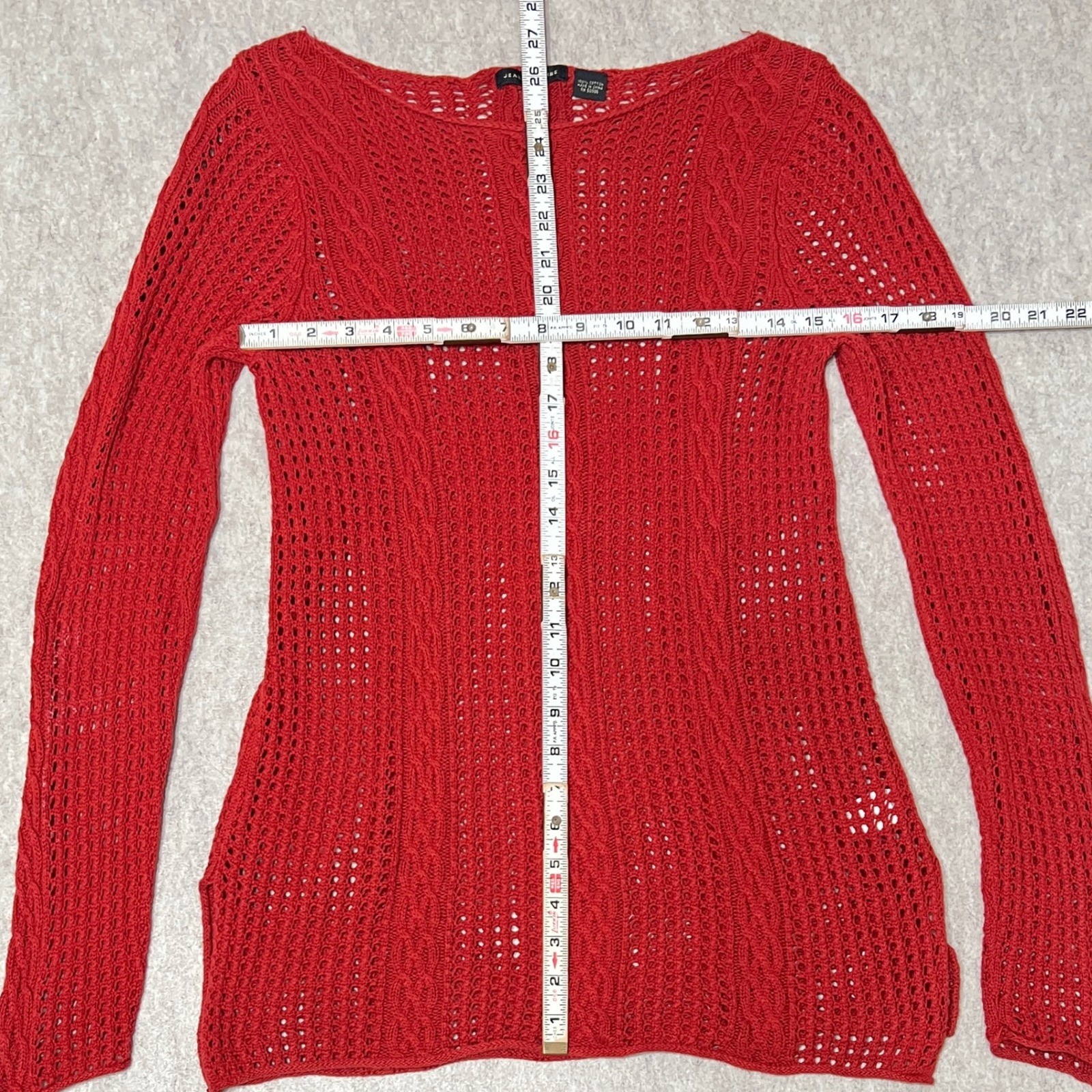 Jeanne Pierre Open Knit Cable Pointelle Cotton Sweater Rust Orange Red – Medium