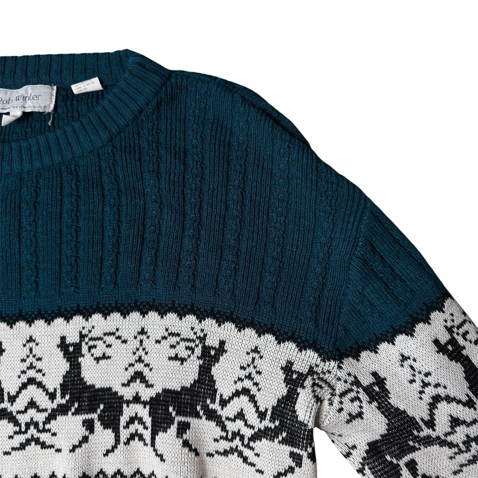 Vintage Rob Winter Reindeer Sweater Size Medium Fair Isle Classic Preppy Green