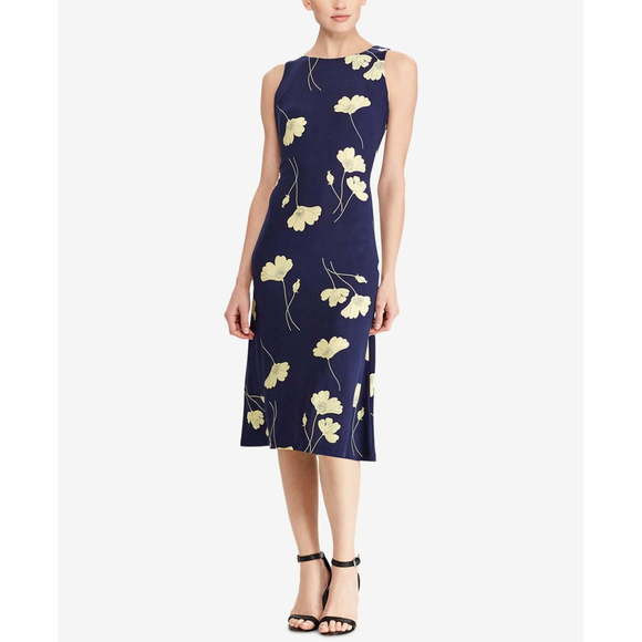 AMERICAN LIVING Boat Neck Floral Sleeveless Jersey Shift Midi Dress, 2 Navy