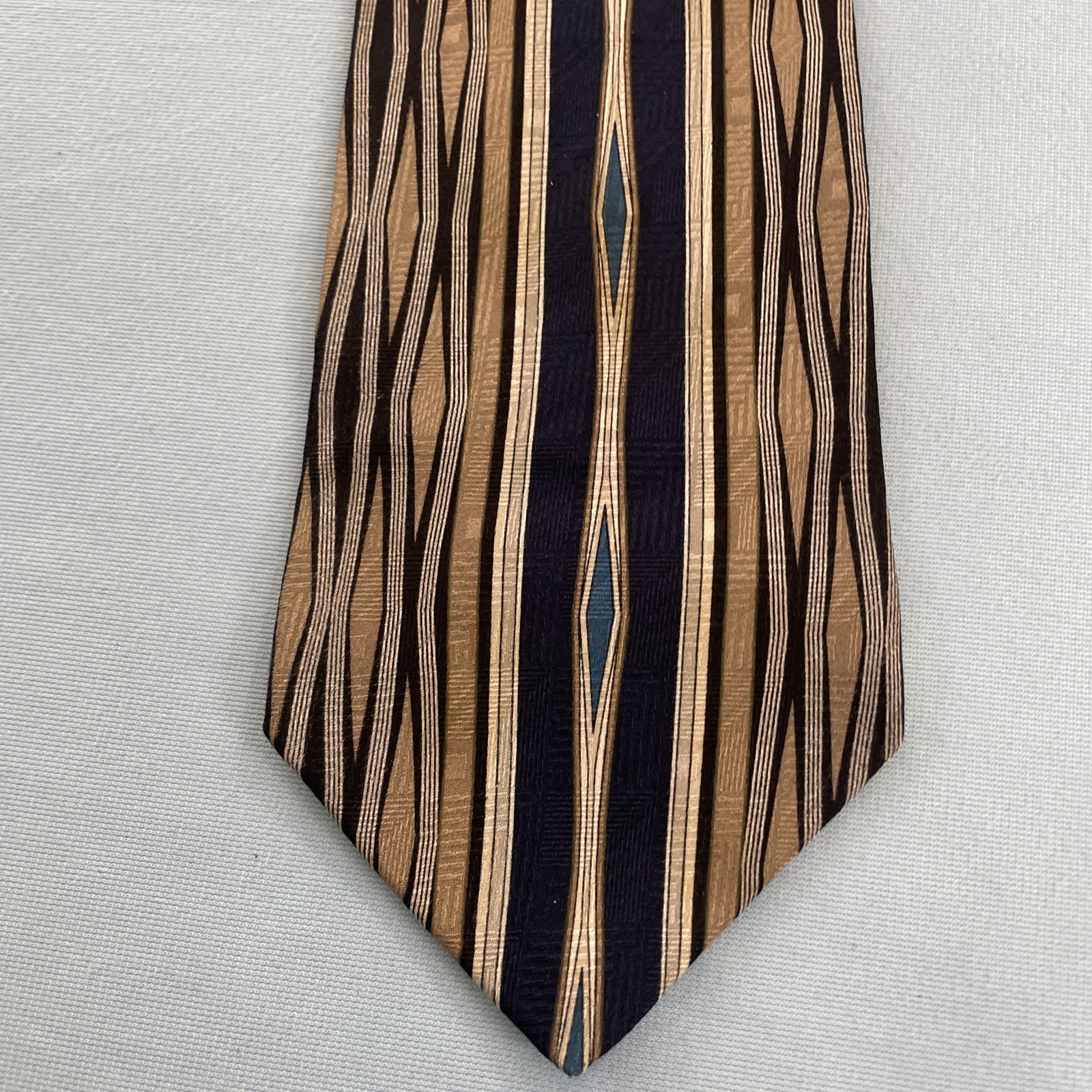 Art Deco Mob Boss Tie Zylos Machado Silk Necktie Tan Blue Black Vtg 90s USA 4×58