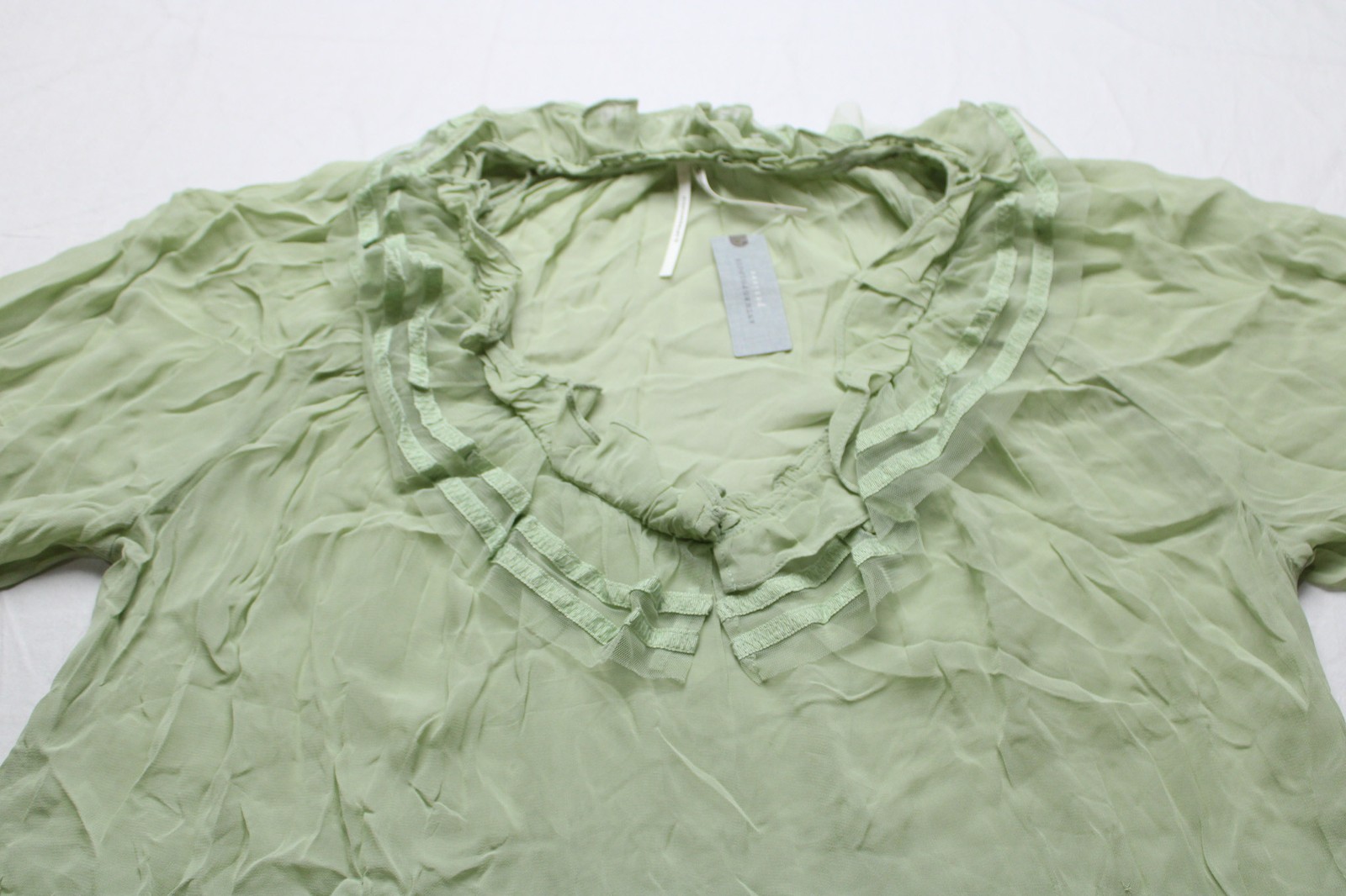 By Anthropologie Women’s Petite Sheer Ruffle Ribbon Blouse MP7 Green Large