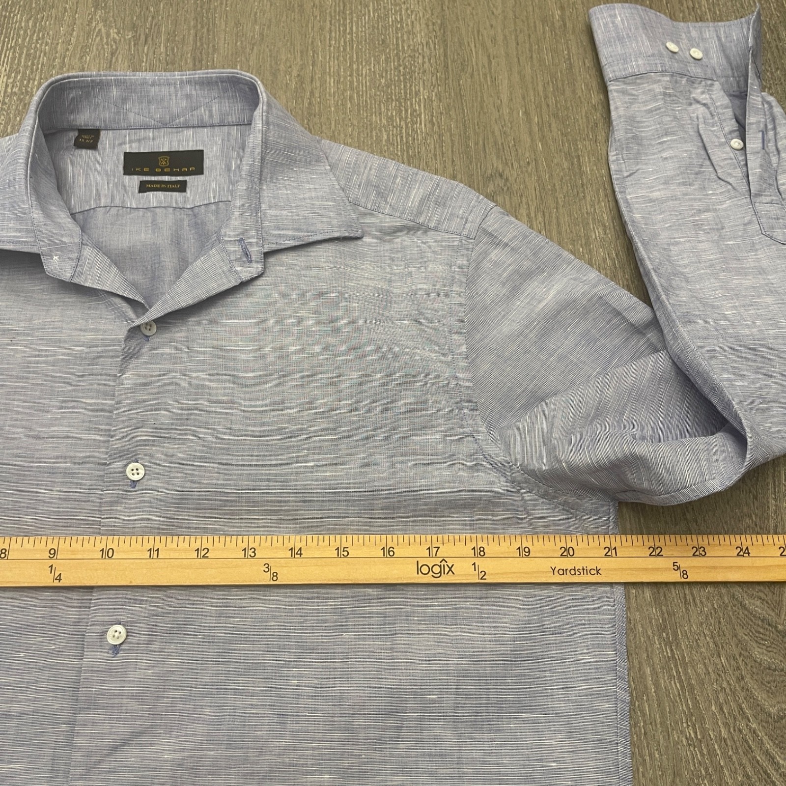 Ike Behar Men’s Button Up Dress Shirt Size 15 1/2 Linen Cotton Blue Italy