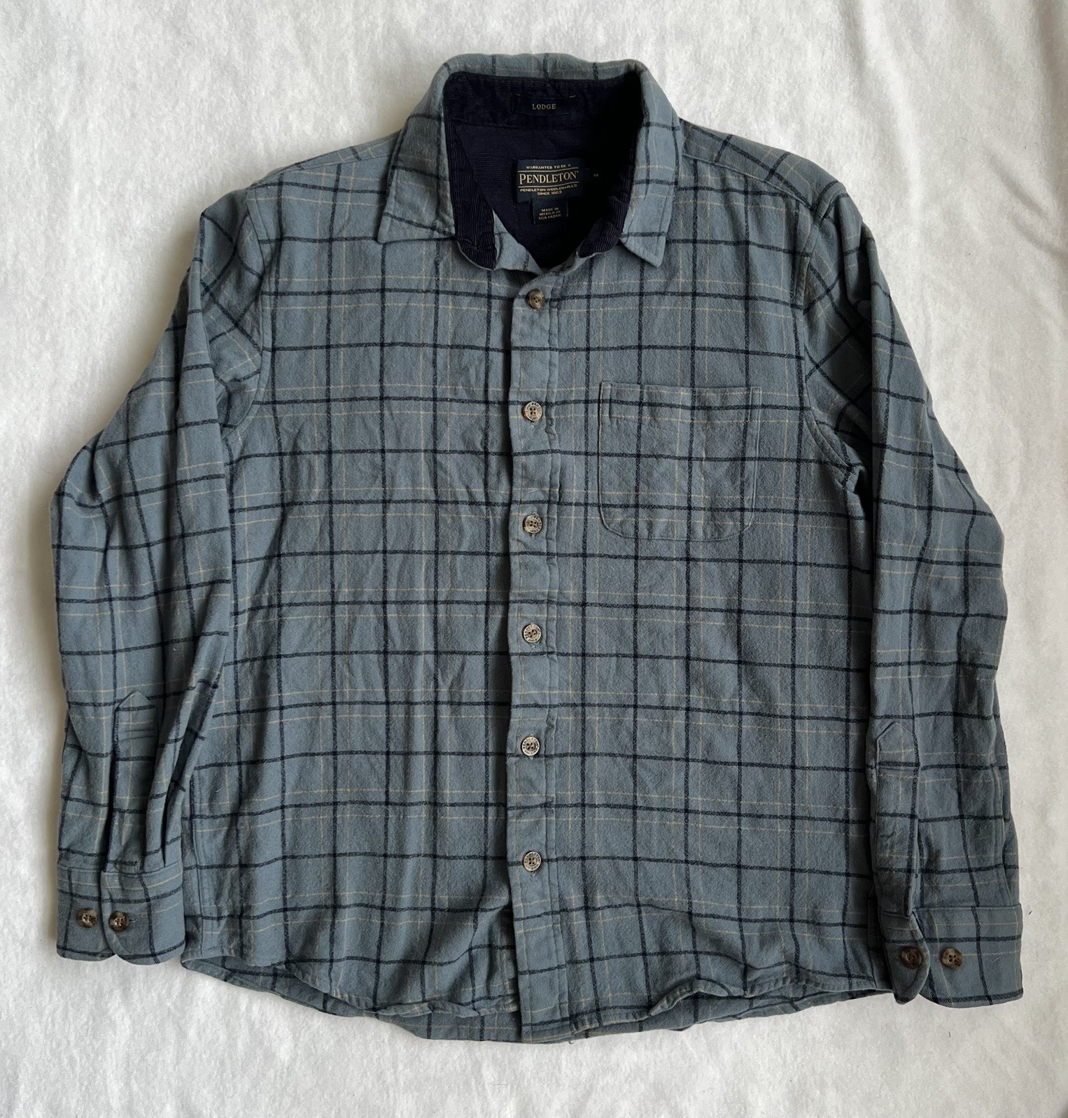 PENDLETON Lodge Flannel Shirt Mens Medium Plaid Pattern Virgin Wool Blue/Gray