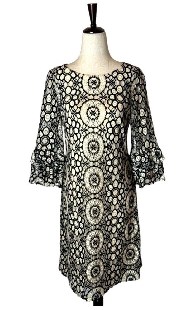 Taylor Dress Women 4 Black Ivory Crochet Lace Long Bell Sleeve Fit And Flare