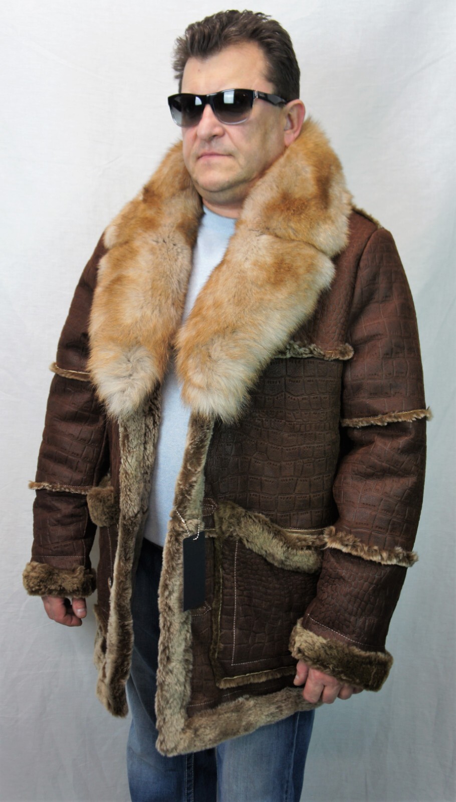 WHISKEY REAL SHEEPSKIN SHEARLING LEATHER REAL FOX MARLBORO TRENCH Coat S-8XL