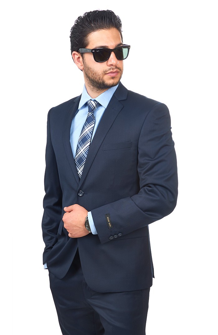 Slim Fit Men Suit 2 Button Navy Blue Notch Lapel Flat Front Pants By AZAR MAN