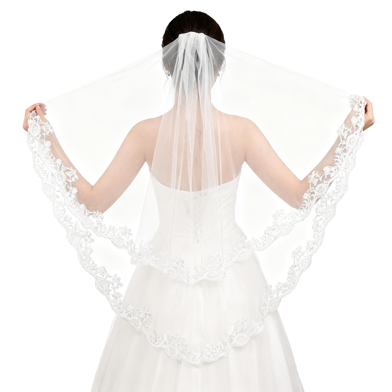 White Lace Applique Bridal Veil Satin Edge Tulle 78cm 30.7 Inches Wedding
