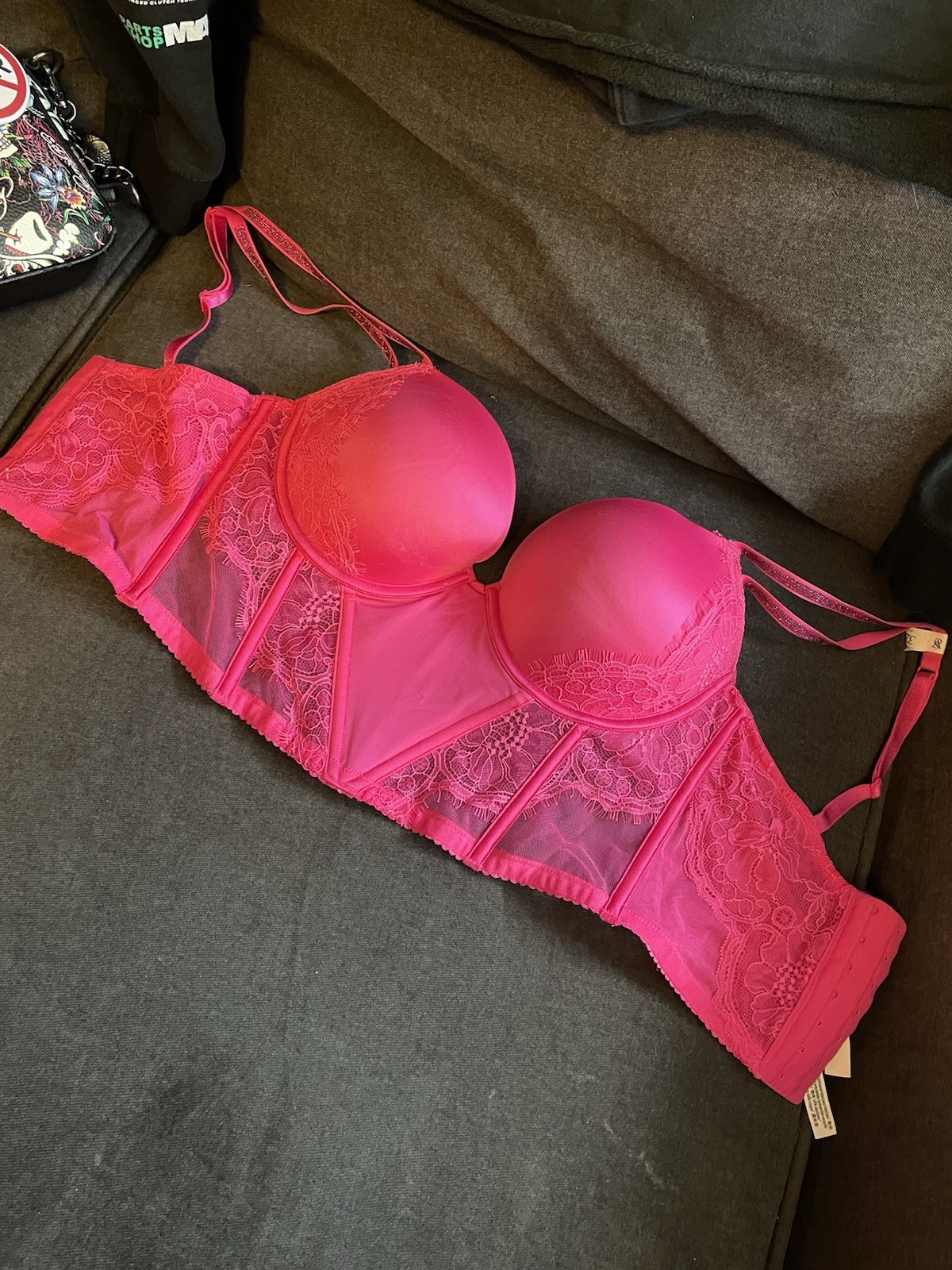 Victoria’s Secret PINK 32DD Underwire Lace Mesh Push-Up Bra Rhinestone Straps