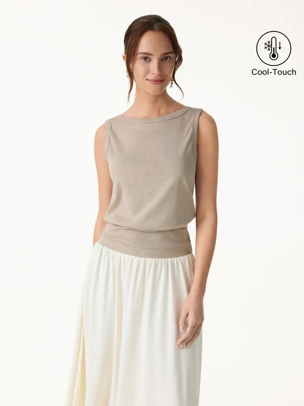 Women’s Cotton Linen Boat Neck Reversible Low Back Blouse Top, Calico Beige