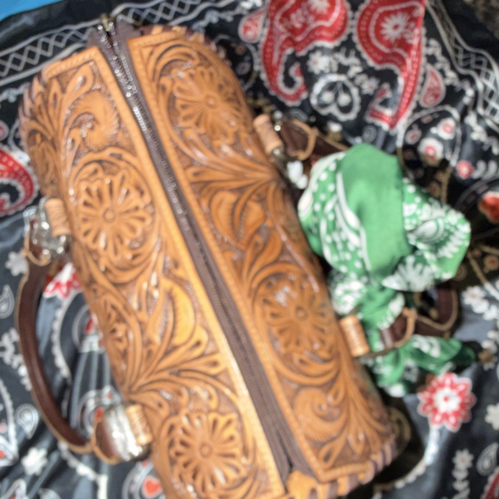 Handmade Tooled Floral Western Satchel Top Handle Zip Bag Brown Alien Charm