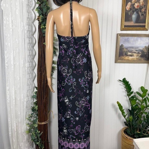 Y2K Hypnotized Black Purple Floral Halter Maxi Dress Size S