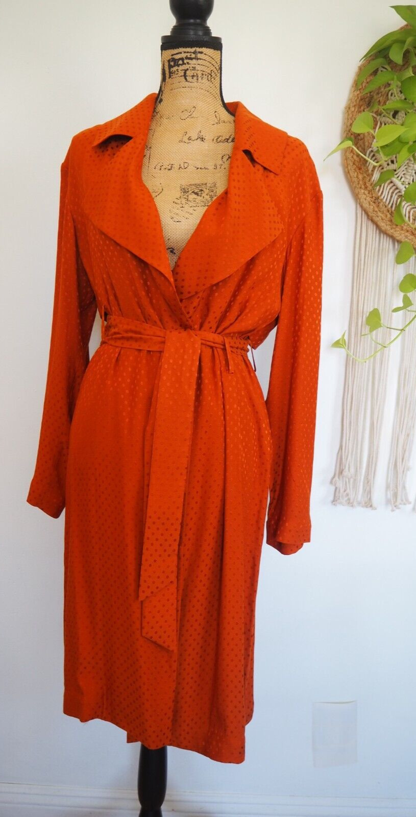 Brown Terracotta Rust Polka Dot Contrast Belted Rayon Trench Coat Size Small