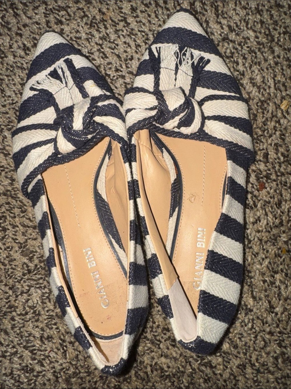 Gianni Bini Navy and White Striped Knotted Pointed Flats