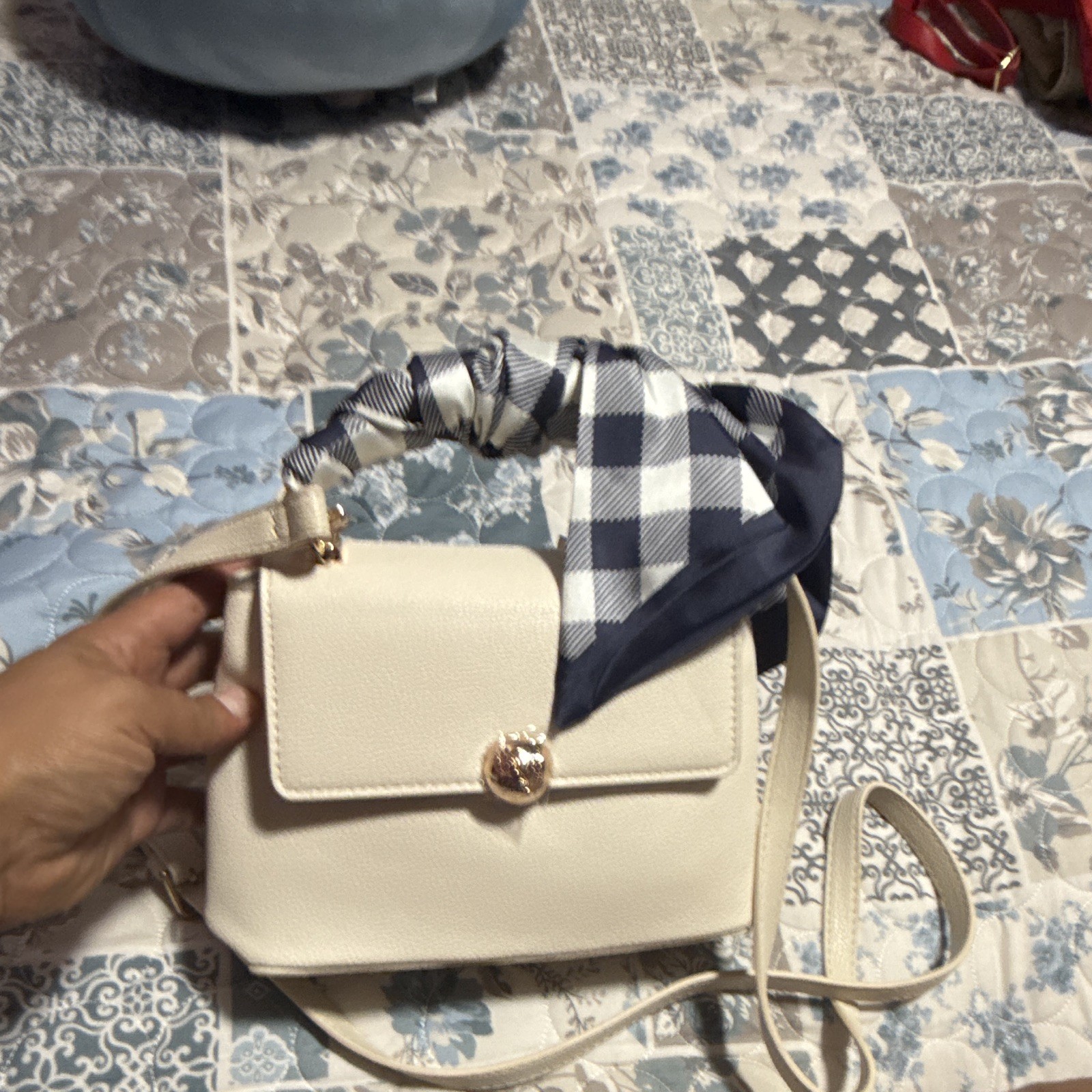 Anne Klein Ivory Pebbled Small Crossbody Top Handle Bag Gold Hardware