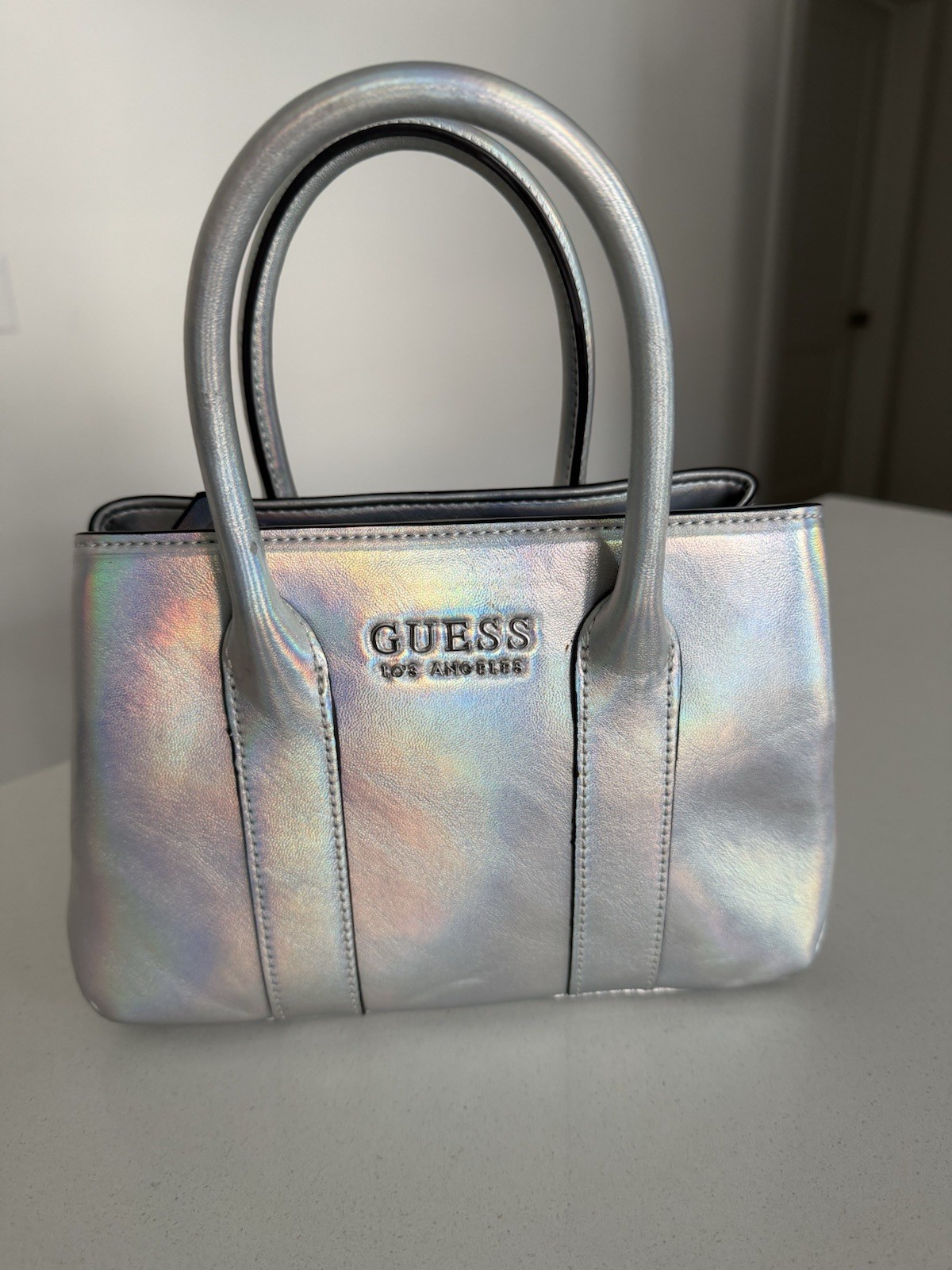GUESS Silver Metallic Satchel Top Handle Bag Solid Logo Stitching Double Handles