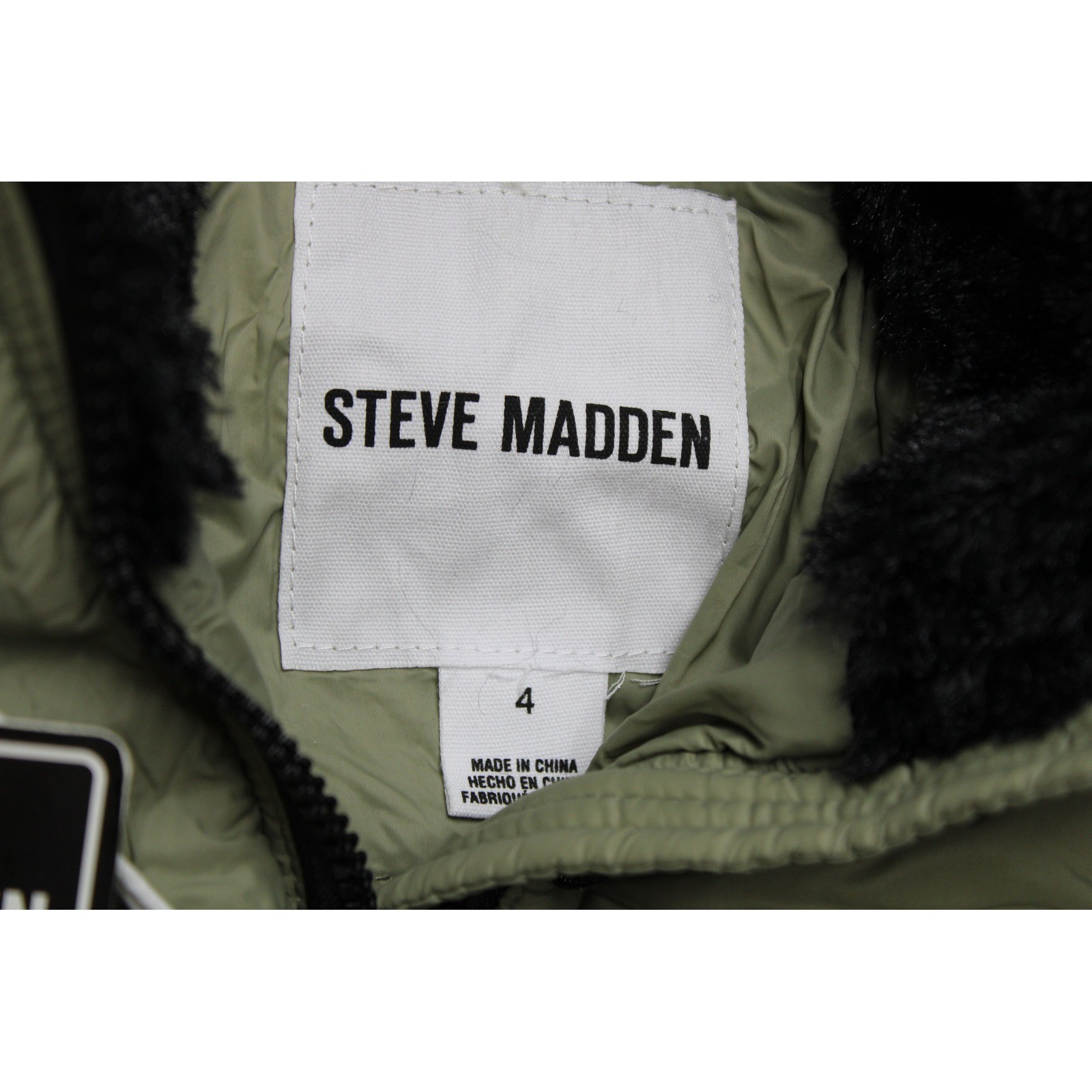 Steve Madden Kids Sage Green Hooded Puffer Jacket Faux Fur Trim Size 4 NEW