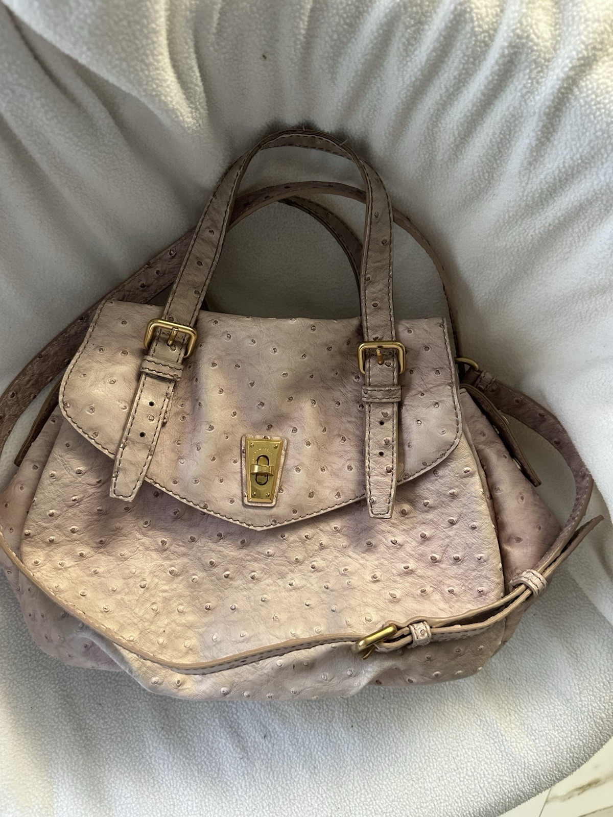 Beige Ostrich Embossed Satchel Top Handle Bag, Zip/Push Lock, Strap, Gold