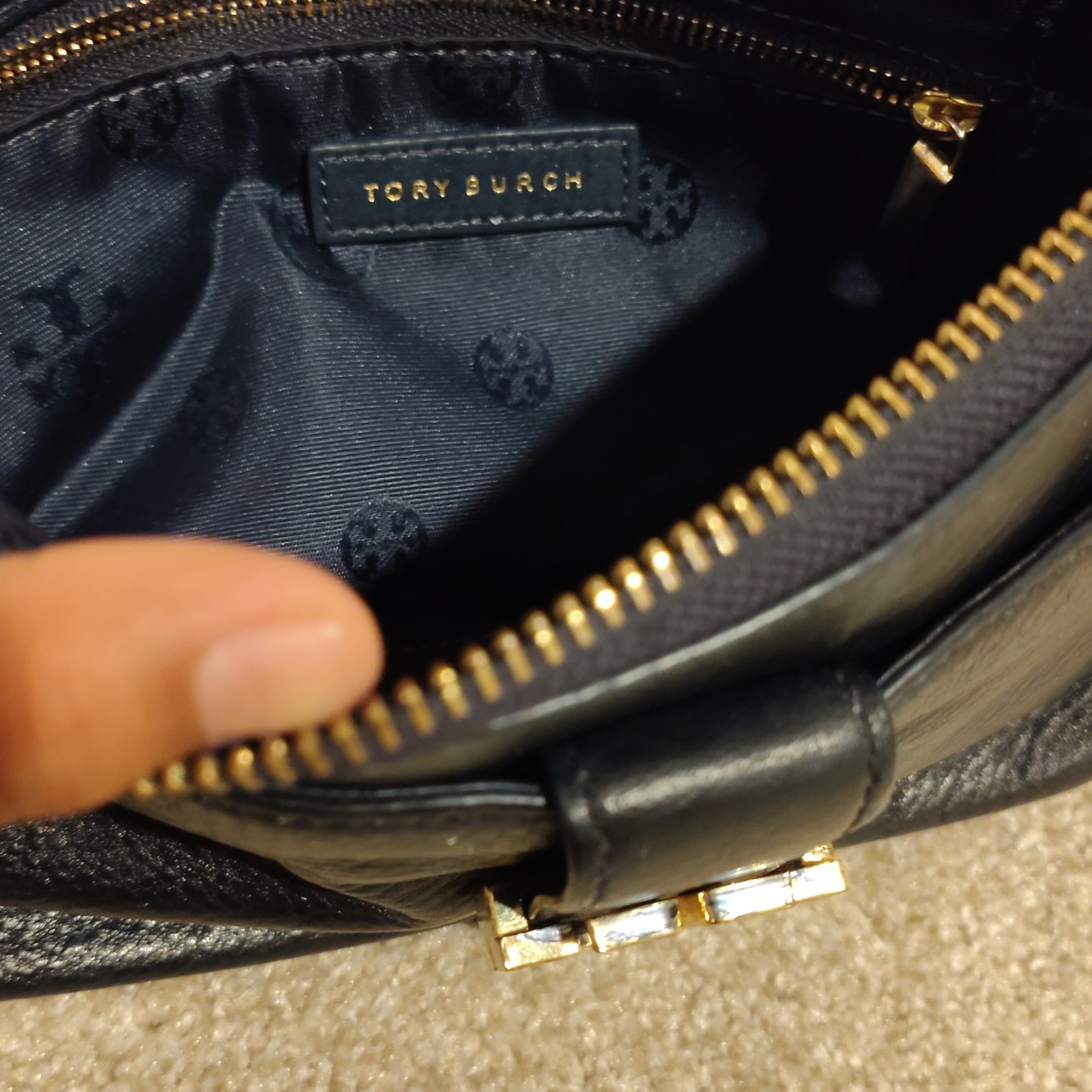 Tory Burch Black Pebbled Crossbody Bag Gold-Tone Logo, Detachable Strap