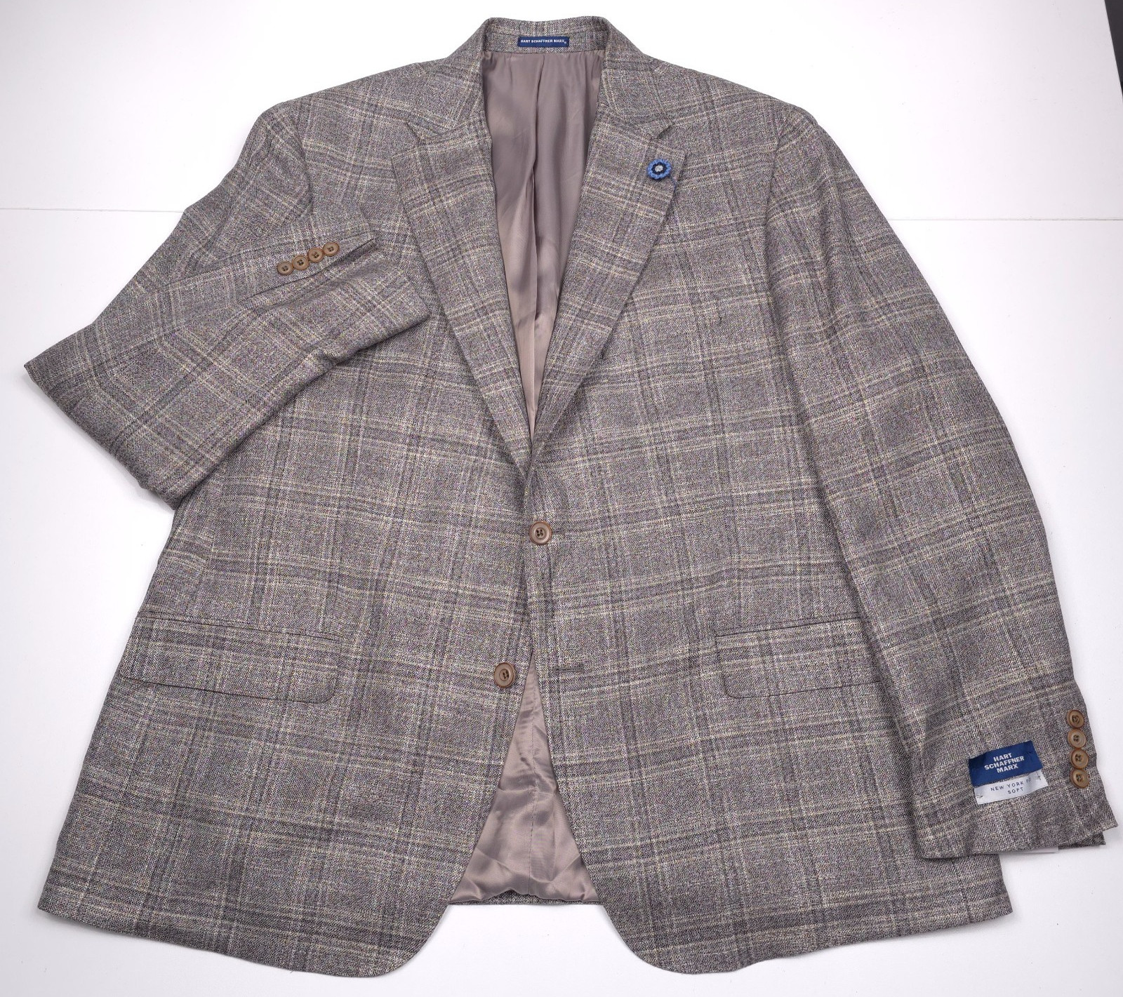 Hart Schaffner Marx Sport Coat Mens 50R Beige Plaid Wool Bamboo Blazer Jacket