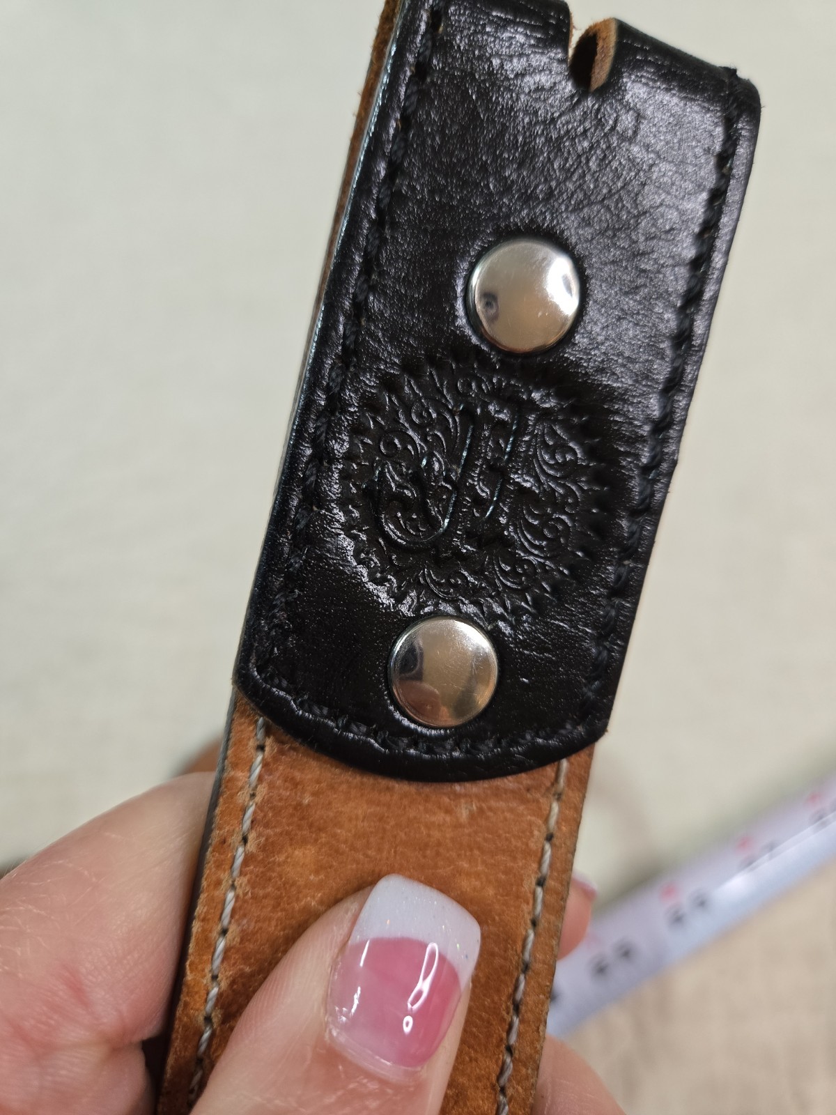 Double J Saddlery Belt Black Leather Concho Two Tone Metal Accents 38 No Buckle