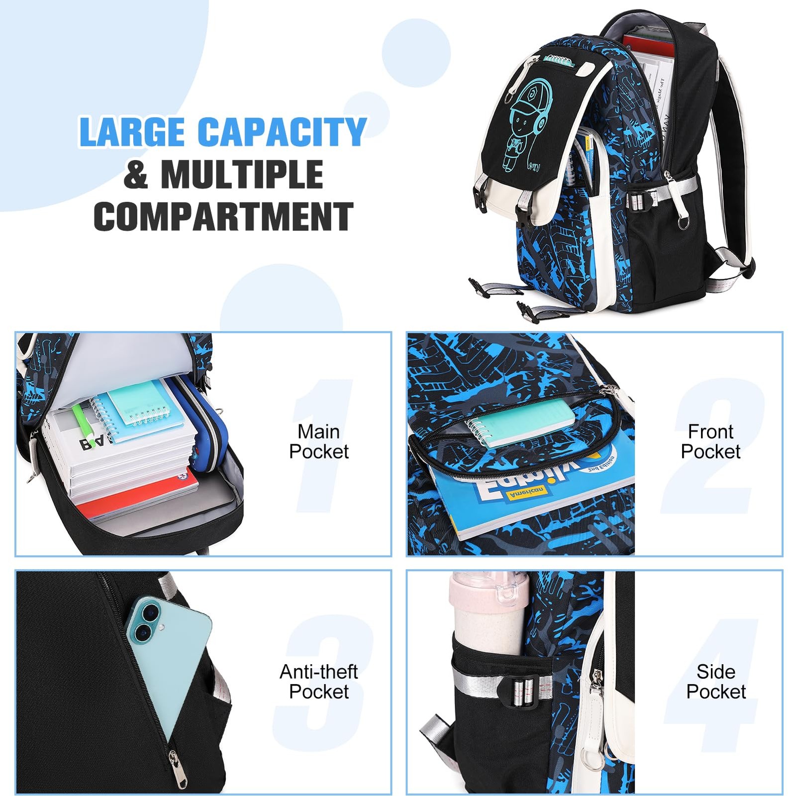 Backpack Boys Cool Luminous Lunch Box Pen Case USB Charging Port Music