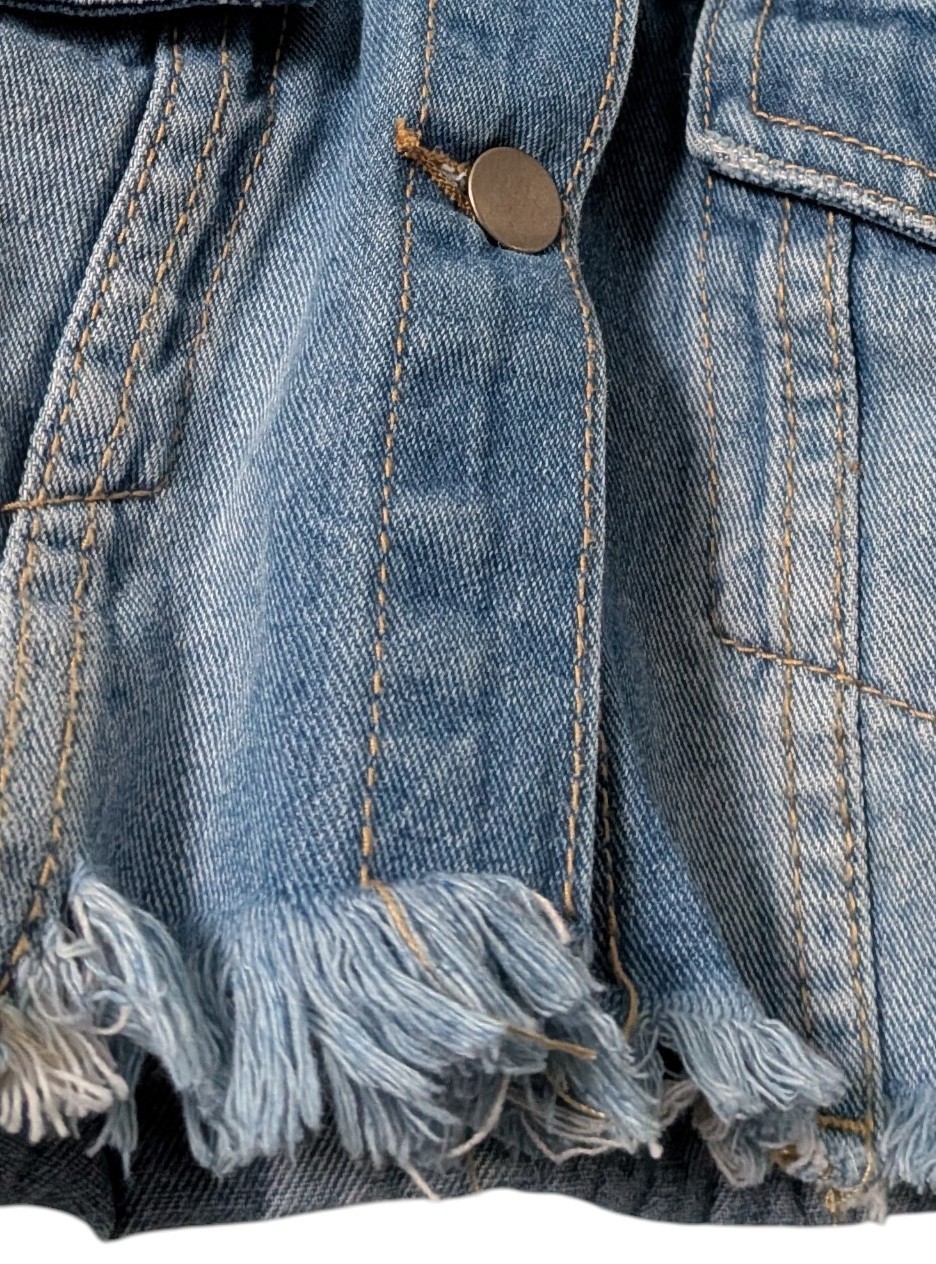 American Bazi Cropped Denim Fashion Tour Jacket Distressed Patchwork Raw Hem Med