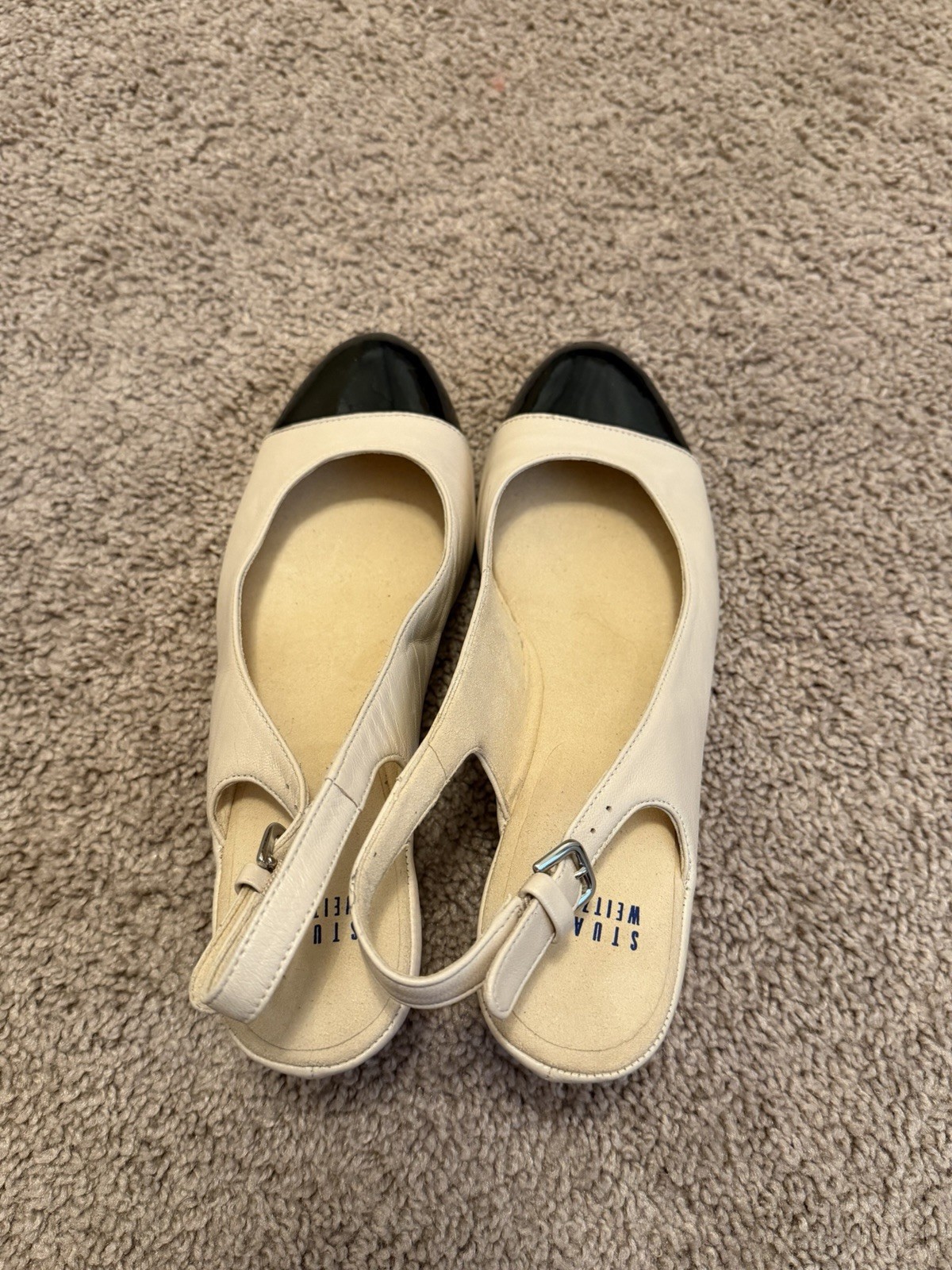 Stuart Weitzman A408323 Vintage Cap Toe Slingback Kitten Heel Nude Black Size 8