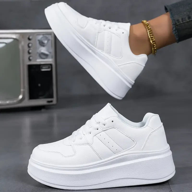 Women’s White Platform Sneakers Pu Leather Casual Low-Top Lace-Up Running Shoes