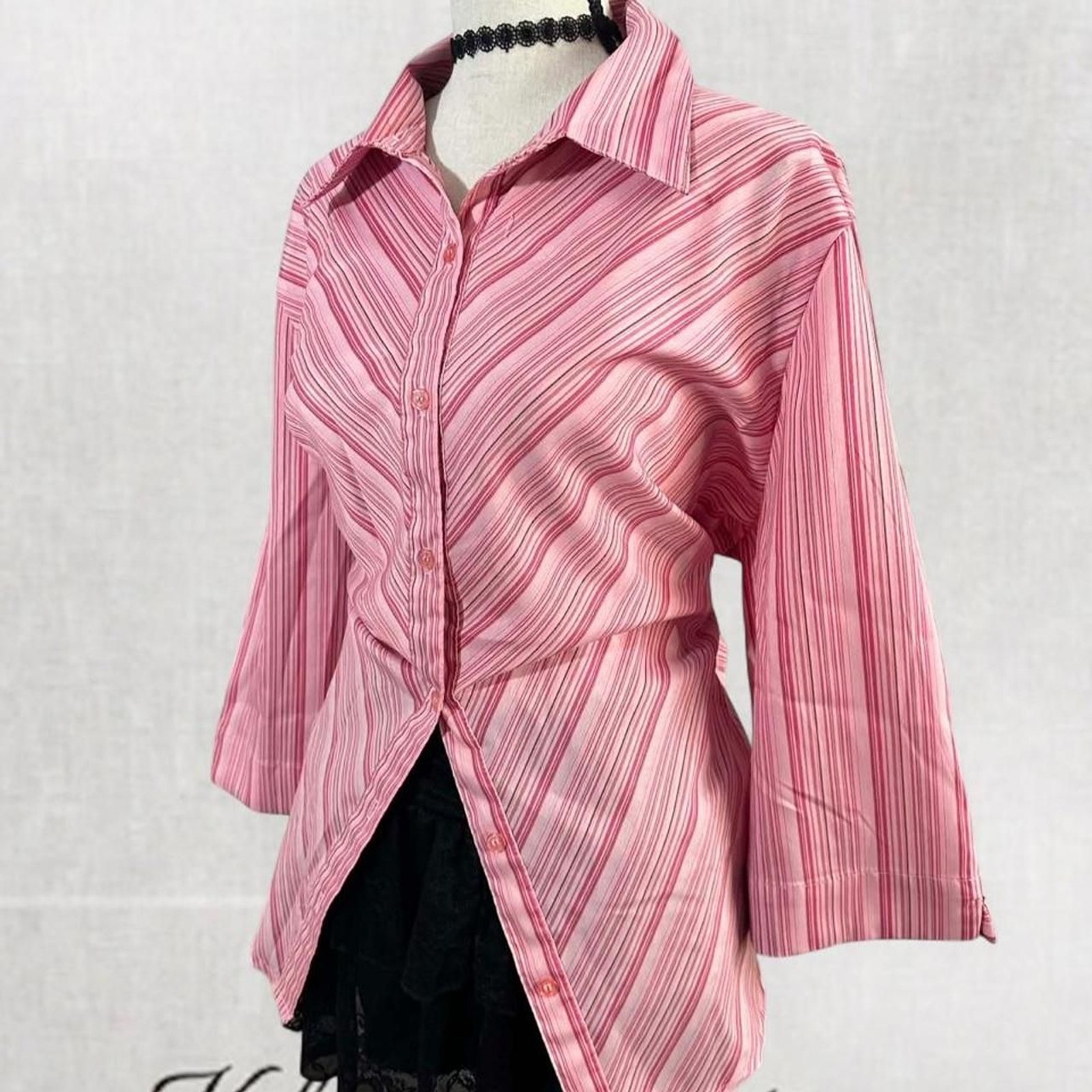 Vintage Style Pink Candy Aesthetic Striped 3/4 Sleeve Button Up Top