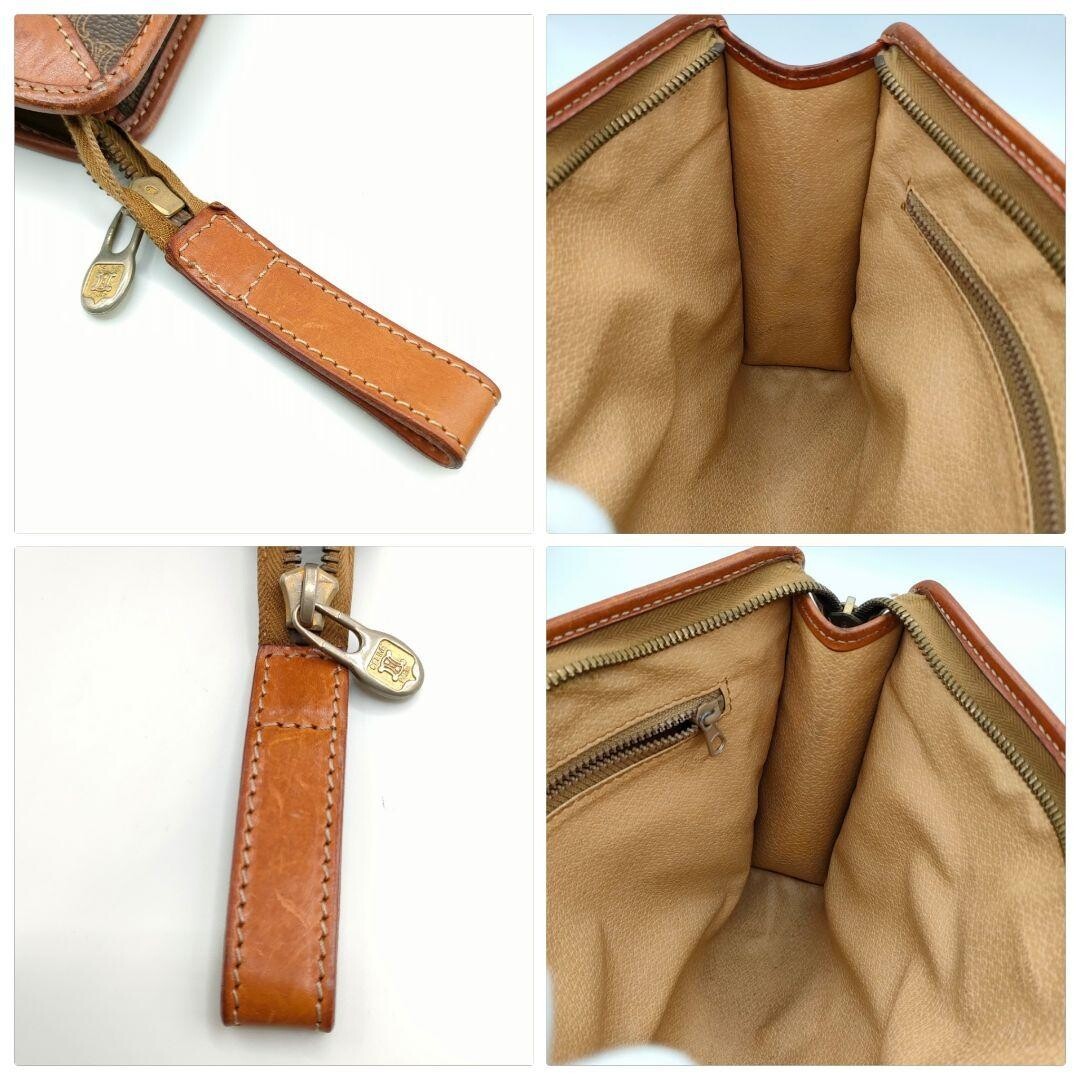 CELINE Macadam Vintage Brown Leather Clutch Bag Unisex Gold Zip From Japan