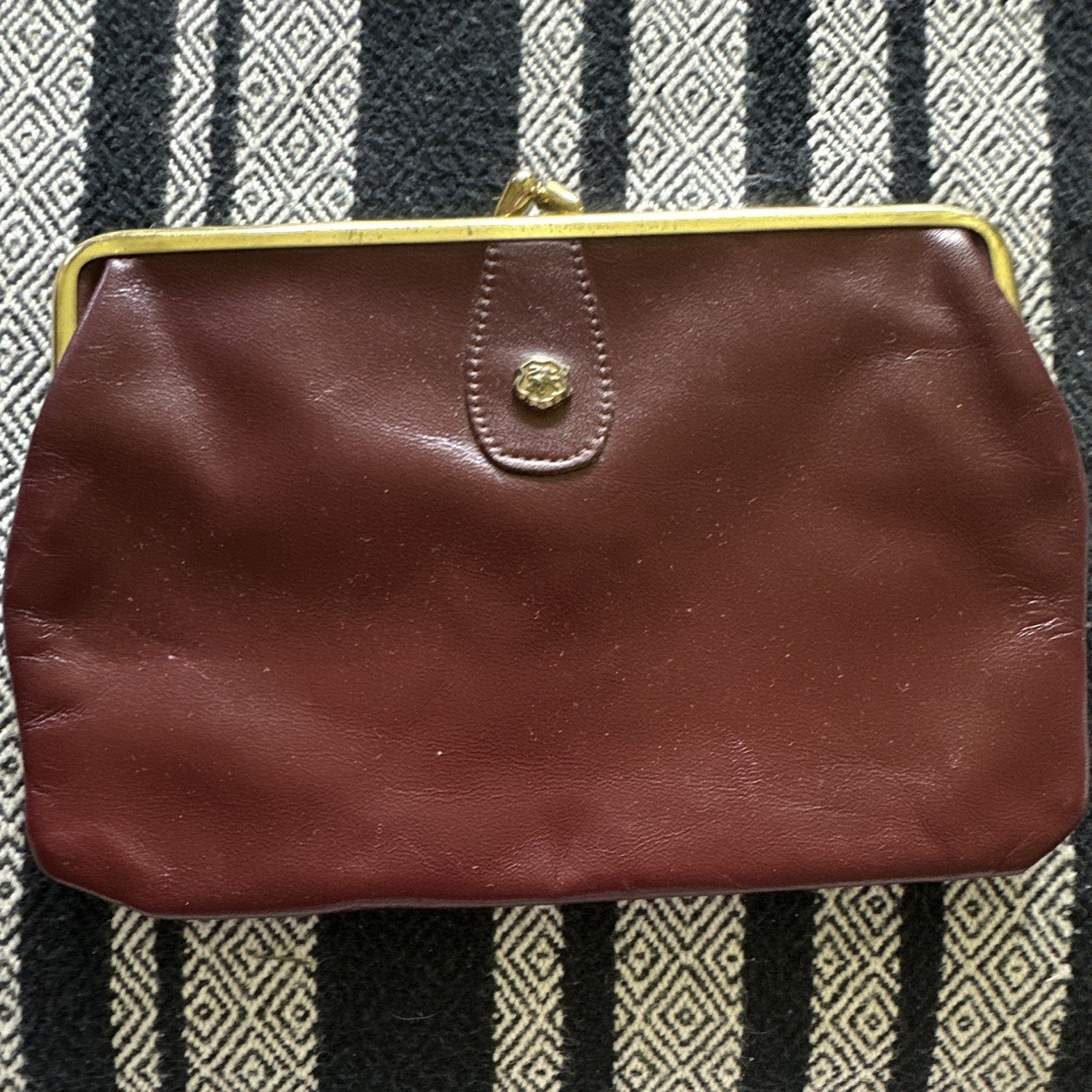 John Romain Brown Kiss Lock Solid Coin Wallet for Women Logo Accent 7.75 inches