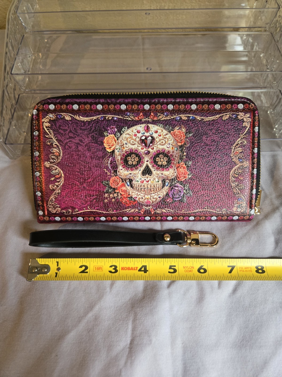 Womens Skullette Purple Pink Skull Flowers Floral Zip-Around Wristlet Wallet