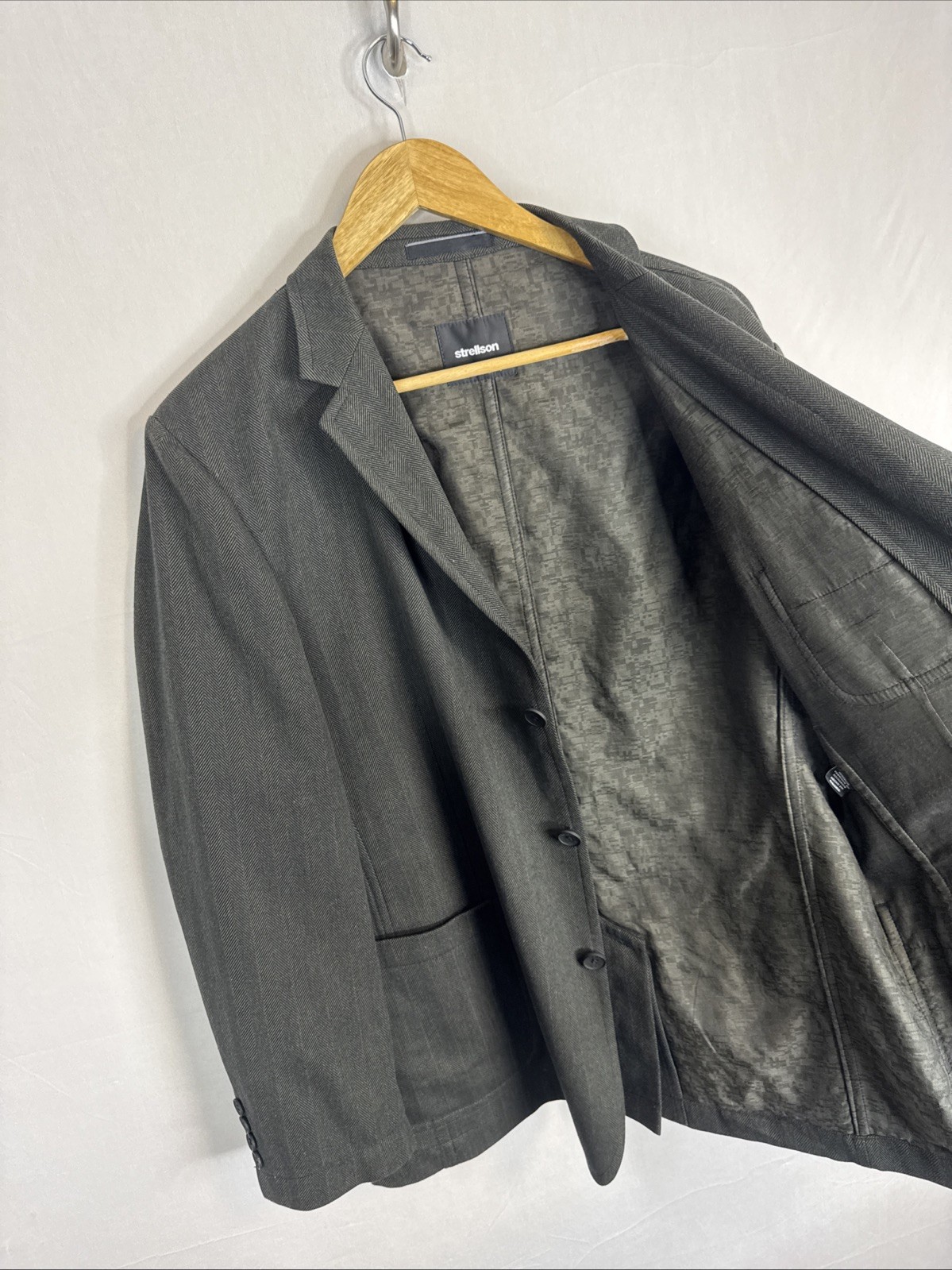 Strellson Blazer Men 44S Short Gray Herringbone Unstructured Sports Coat Cotton