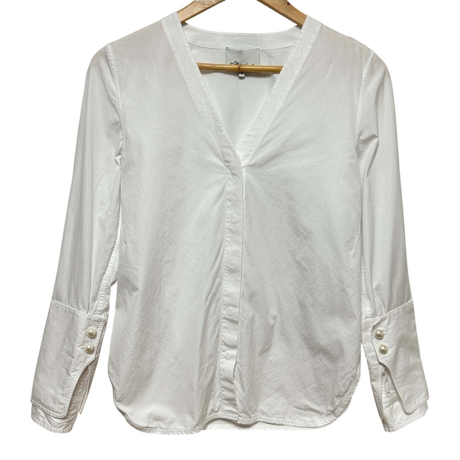 3.1 Phillip Lim Pearl Double Cuff Blouse Womens 6 White Cotton Poplin Luxury