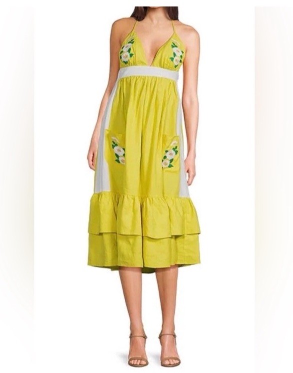 Fanm Mon Small Linen Yamile Floral Embroidered Halter Midi Dress Mustard Lime
