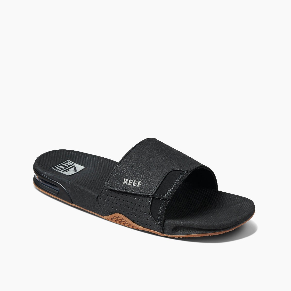 REEF Men’s Fanning Slide Bottle Opener Regular Sandal – Black/Silver, Sizes