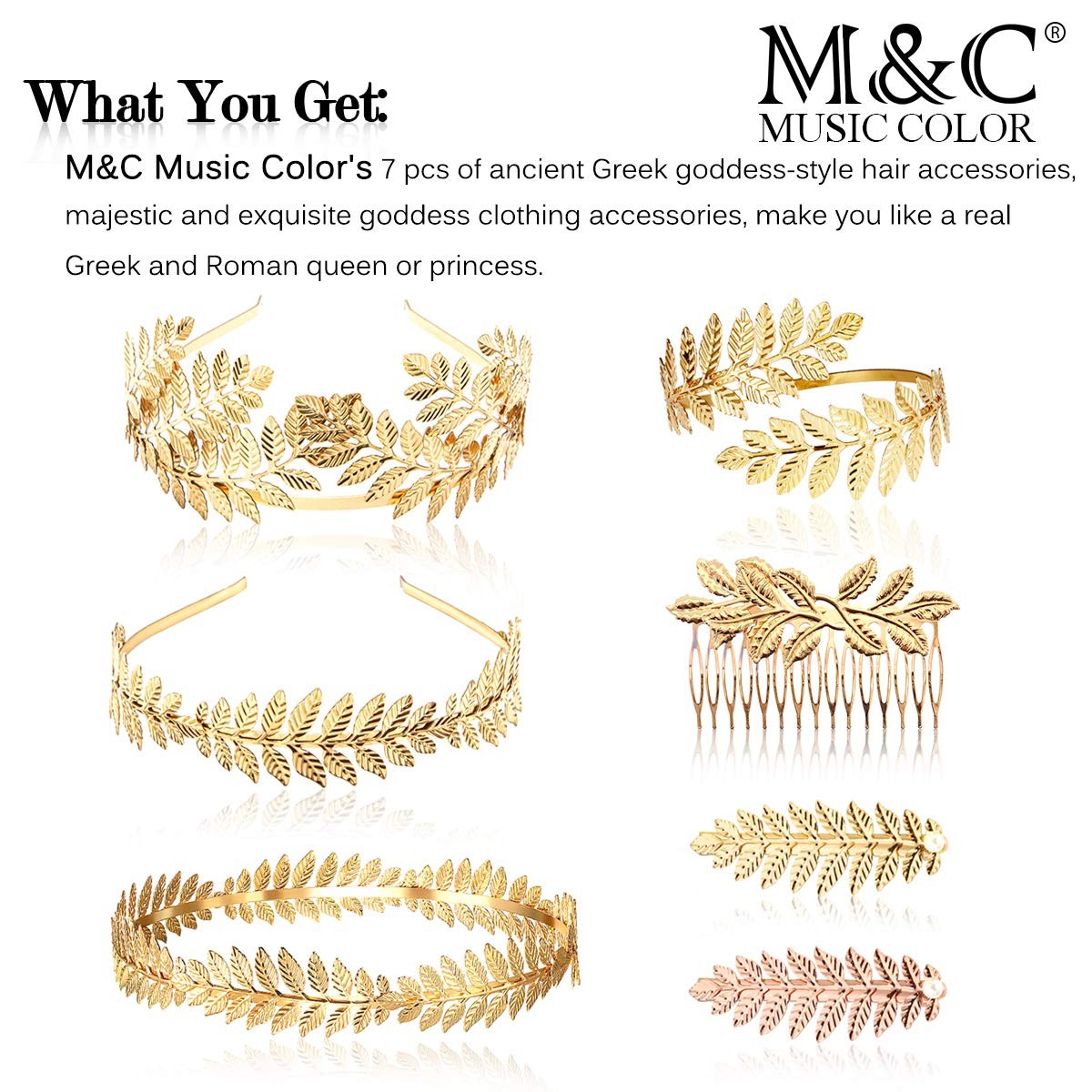 7pcs Goddess Leaf Headband, Greek Bridal Medium (7 Count), Golden