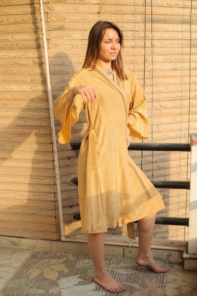 Pure Silk Midi Kimono Knee Length Gown Silk Robe PS MKMO2016