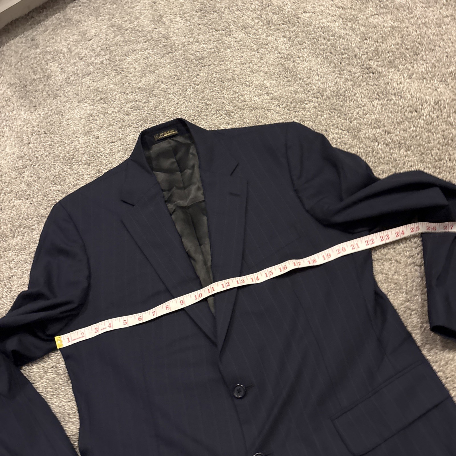 Tom James Mens 42R Pinstripe 2 Piece Suit Blue Corporate Image Pleated 36×32
